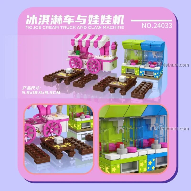 Chi tiết mô hình xe kem và máy gắp thú từ bộ lắp ghép Mould King 24033, 269 mảnh, đồ chơi sáng tạo cho bé 8 tuổi