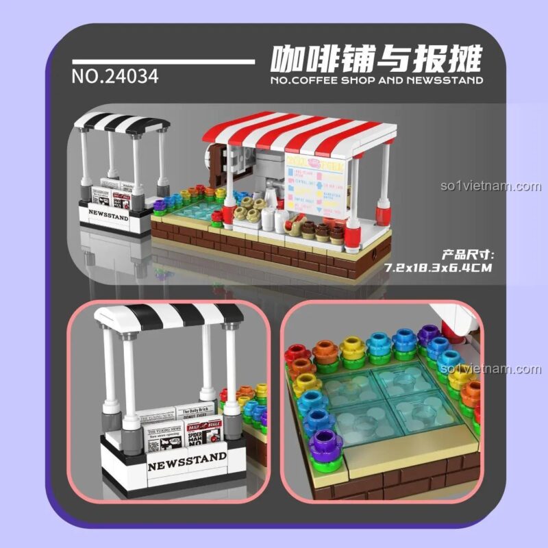 Chi tiết mô hình MouldKing 24034 MINI Coffee Shop and Newsstand bộ lắp ghép đồ chơi mô hình, chi tiết tinh xảo, màu sắc rực rỡ, cho bé 8 tuổi
