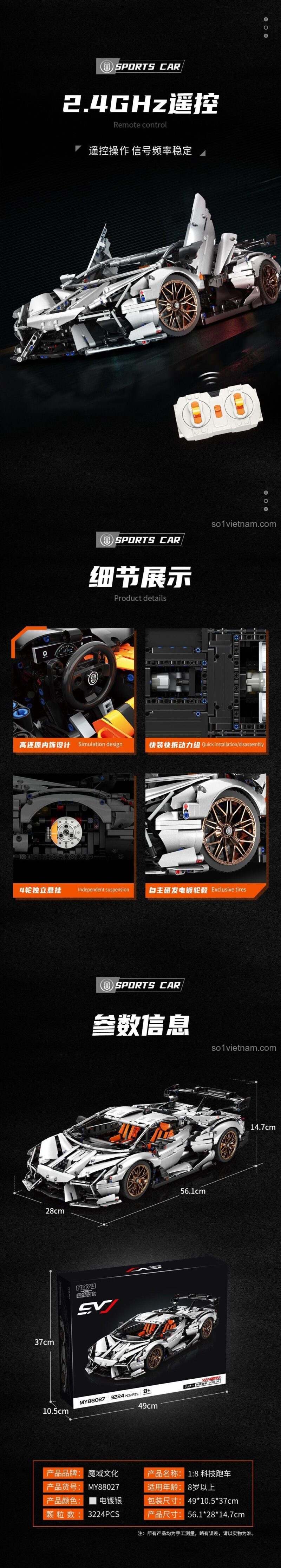 Đồ chơi lắp ráp Xe đua Lamborghini SVJ 8027 với tính năng cửa cắt kéo điện, điều khiển từ xa 2.4GHz, mang lại trải nghiệm chơi độc đáo cho con trai 8 tuổi.