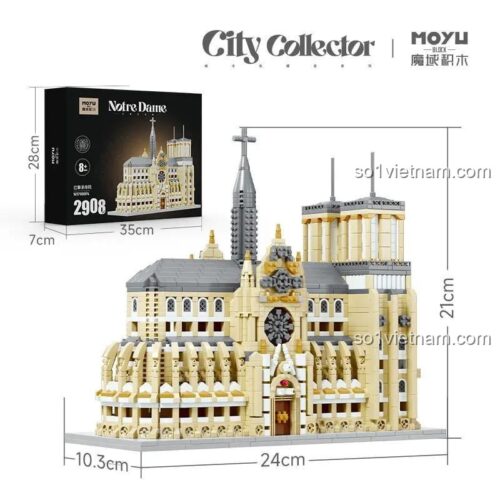 Hộp đồ chơi mô hình MOYU BLOCK MY92054 Nhà thờ Đức Bà Paris, 2908 chi tiết mini block, thể hiện kích thước sản phẩm, món quà giáo dục đáng tiền cho trẻ 8 tuổi.