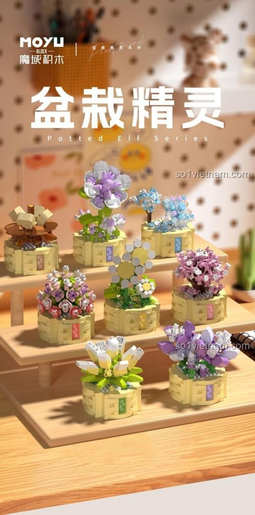 Bộ sưu tập Potted Elf của MOYU BLOCK, bao gồm mẫu MY97140 chậu cây mọng nước, bộ xếp hình sáng tạo.