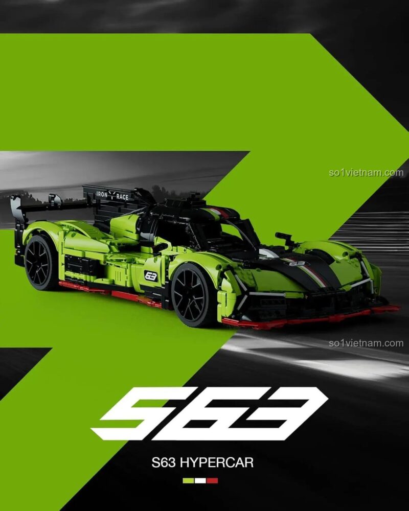 Hình ảnh quảng cáo bộ lắp ghép Nifeliz NF10283 Siêu xe Lamborghini SC63 trên nền xanh lá, có logo S63 HYPERCAR