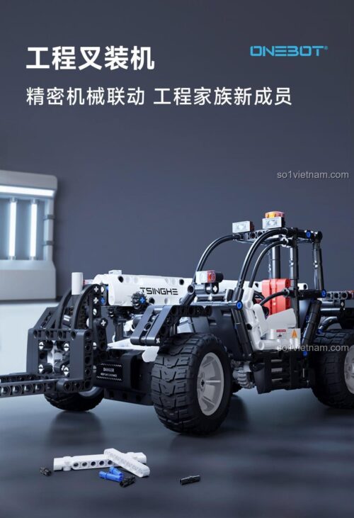 Poster giới thiệu đồ chơi mô hình Xe Nâng Telehandler ONEBOT OBEFT04AIQI với các tính năng cơ khí chính xác, là thành viên mới trong gia đình xe công trình.
