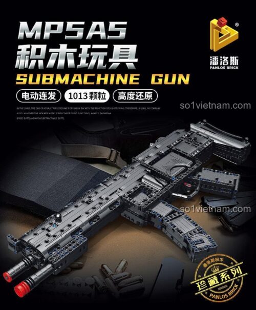 Hộp sản phẩm bộ lắp ráp súng MP5A5 Panlos Brick 670014 với 1013 chi tiết. Món quà hấp dẫn cho bé trai thích đồ chơi quân sự.