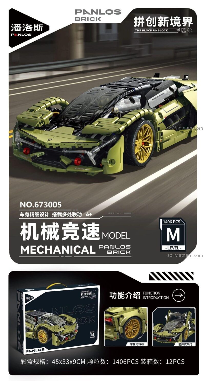 Thông tin chi tiết về bộ lắp ráp Siêu xe concept Lamborghini Terzo Millennio, nhấn mạnh 1406 chi tiết và các chức năng cơ bản.