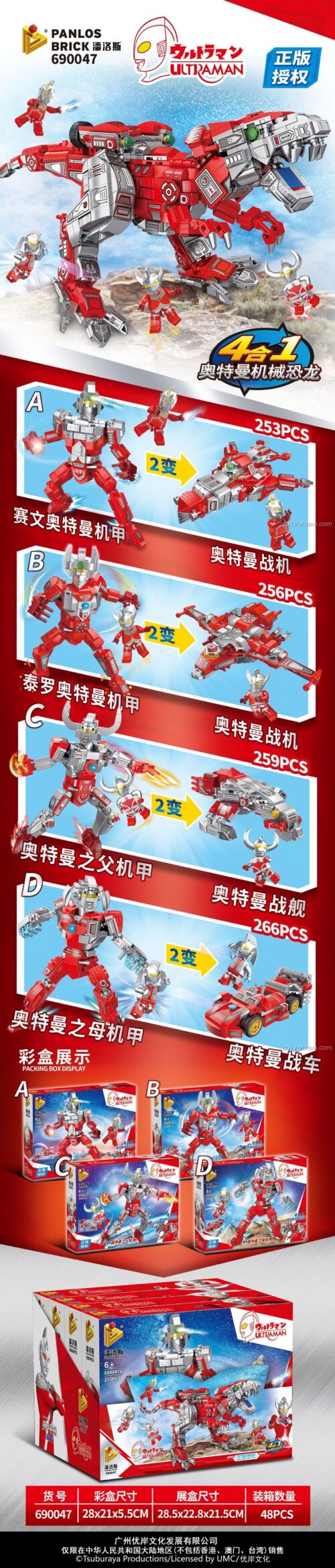 Các mẫu lắp ráp của bộ đồ chơi Panlos Brick 690047, bao gồm 4 robot, 4 chiến cơ và 1 khủng long hợp thể.