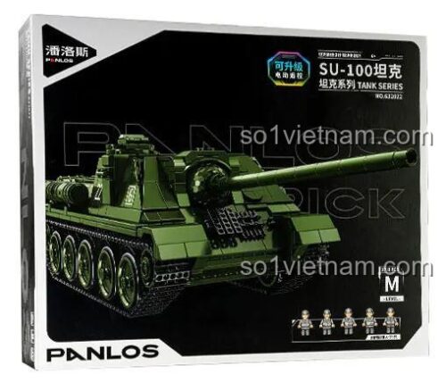 Hộp đồ chơi lắp ghép xe tăng diệt tăng SU-100 của PanlosBrick, mã 632022, có hình ảnh mô hình, 5 minifigures, và thông tin "Có thể nâng cấp động cơ điện"