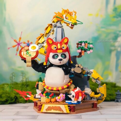 Mô hình Gấu Trúc Kung Fu Thần Long Đại Hiệp đón Tết với rồng, 1500 mảnh, cao 38cm, màu đỏ, vàng, trắng, đen, xanh lá, cam, phù hợp cho bé 6 tuổi