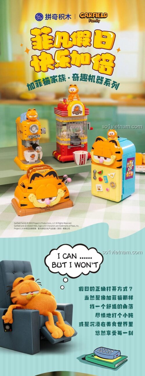 Bộ lắp ghép máy làm bỏng ngô cổ điển Garfield Pantasy 86810, đồ chơi mô hình Garfield cho bé 6 tuổi, gia đình Garfield