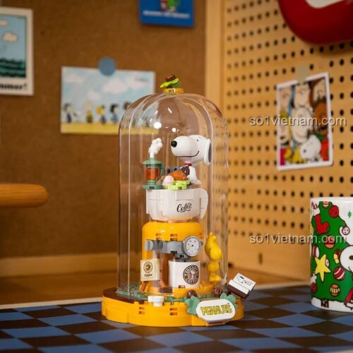 Bộ lắp ghép Snoopy Coffee Time Pantasy 86903 với chi tiết máy pha cà phê, Snoopy, Woodstock, phù hợp cho bé 6 tuổi