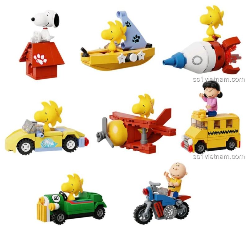 Cận cảnh các nhân vật và 8 kiểu ghế ngồi độc đáo của Đu quay Snoopy 86904, bao gồm xe hơi, máy bay, xe buýt.