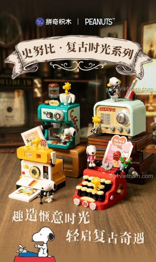 Bộ đồ chơi mô hình Snoopy Pantasy 86917, bộ sưu tập 4 mô hình phong cách retro, đồ chơi sáng tạo cho bé trai bé gái 8 tuổi, giá rẻ.
