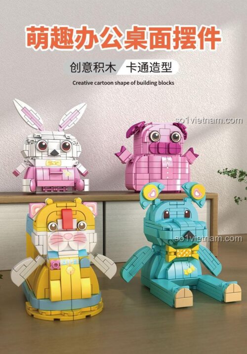 Tổng thể 4 mẫu đồ chơi mô hình PEIZ 0830: ống bút mèo, hộp thỏ, giá đỡ gấu, heo tiết kiệm. Đồ chơi thông minh cho bé.
