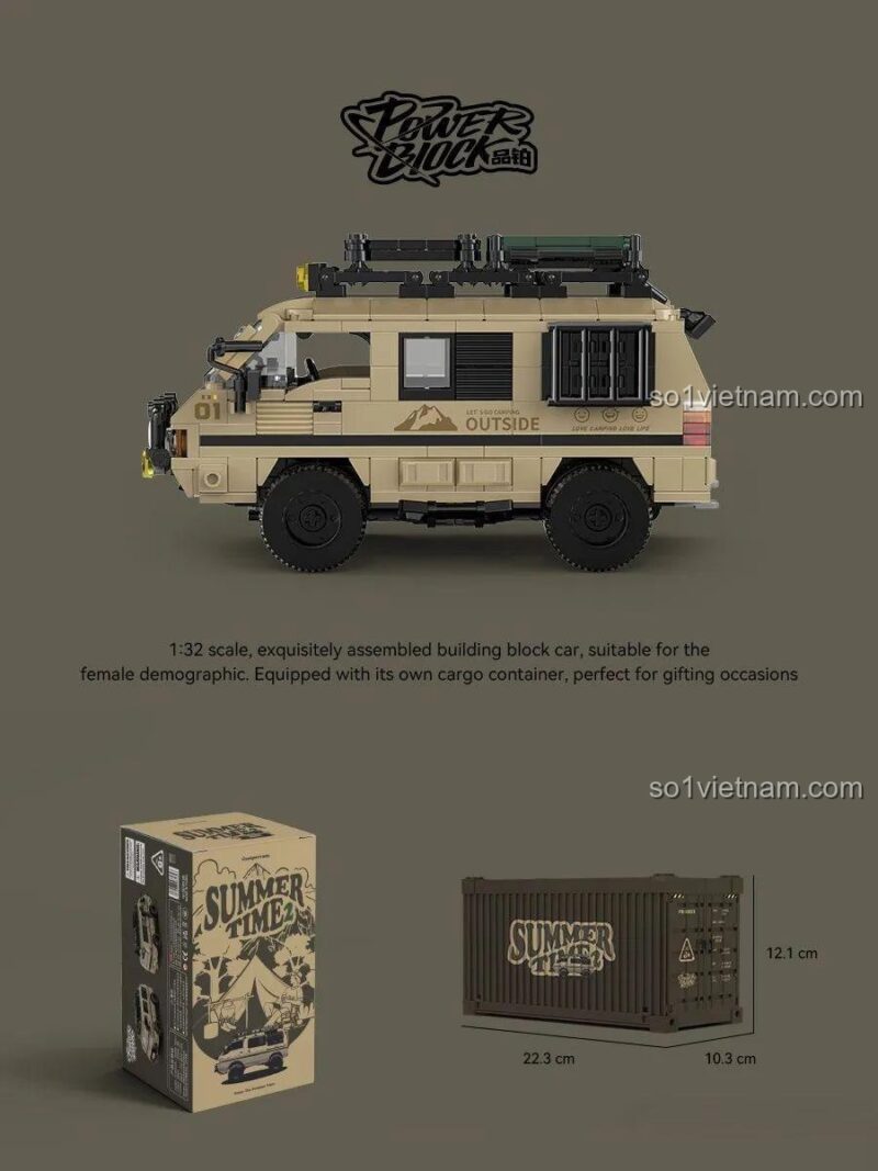 Pinbo PB8823 Xe cắm trại mùa hè Summer Time 2, xe cắm trại dã ngoại, xe camper van, đồ chơi mô hình, hộp sản phẩm, kích thước hộp, cho bé gái 8 tuổi