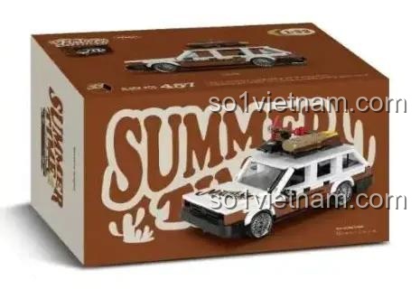 Mô hình chi tiết của bộ lắp ghép Xe Santana Station Wagon Pinbo PB8824. Xe màu trắng và nâu, phong cách retro, phù hợp cho bé trai 6 tuổi.