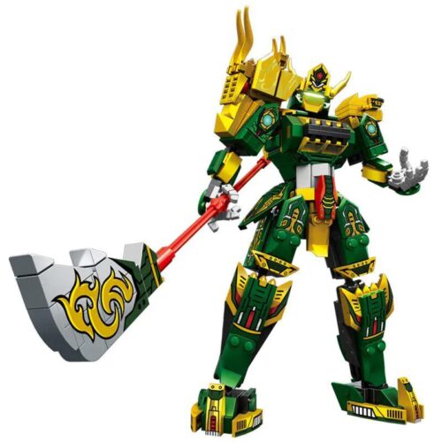 Mô hình Mecha Quan Vũ Pindad P2001 dạng chiến binh màu xanh lá và vàng, cầm vũ khí lớn, có khớp cử động, phù hợp cho bé trai 6 tuổi