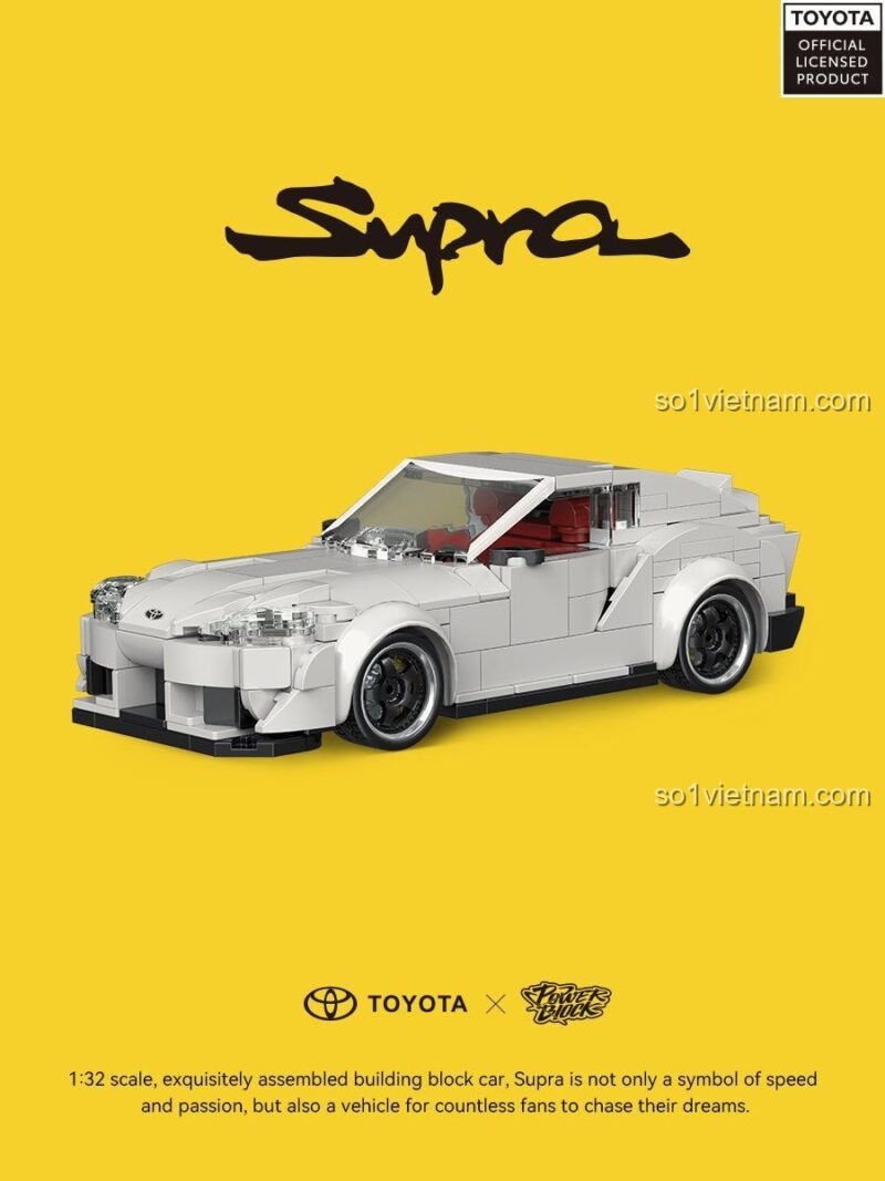 Mô hình xe Toyota Supra đặt trên hộp container trưng bày, kích thước hộp container 22.3x10.3x12.1 cm, Power Block PB8808