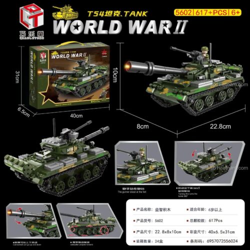 Mô hình xe tăng T54 Thế chiến II Qiaoletong 5602 và kích thước hộp