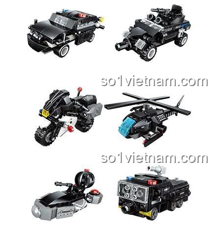 Đồ chơi mô hình 6 xe cảnh sát SWAT từ bộ Qman 41107, có thể lắp ráp thành robot biến hình 7 trong 1.