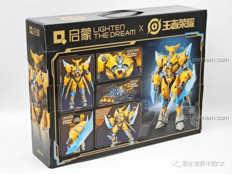 Mặt sau hộp mô hình lắp ráp Mecha Bão Kim Loại 78006, mô tả các tính năng và chi tiết nổi bật.