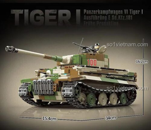 Kích thước chi tiết của mô hình xe tăng Tiger I Quan Guan 100244, dài 34cm. Đồ chơi mô hình Quan Guan chính hãng.