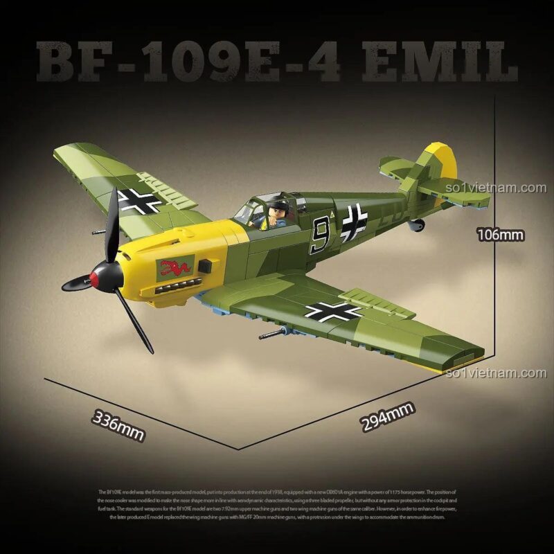 Mô hình máy bay Thế chiến II BF-109 100288 sau khi lắp ráp hoàn chỉnh, thể hiện chi tiết sắc nét, phù hợp cho bé trai đam mê lịch sử quân sự.
