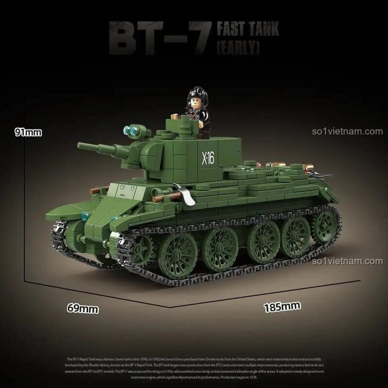 Kích thước mô hình xe tăng BT-7 (Phiên bản đầu) QUAN GUAN 100290: dài 18.5cm, rộng 6.9cm, cao 9.1cm, 675 mảnh, phù hợp cho bé trai 10 tuổi, giá tốt