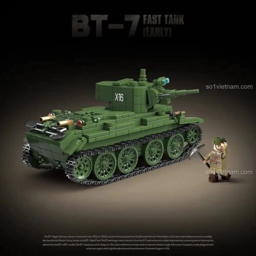 Bộ lắp ghép xe tăng BT-7 (Phiên bản đầu) QUAN GUAN 100290, xe tăng quân sự màu xanh lá, 675 mảnh, 3 minifigures, phù hợp cho bé trai 10 tuổi, giá tốt