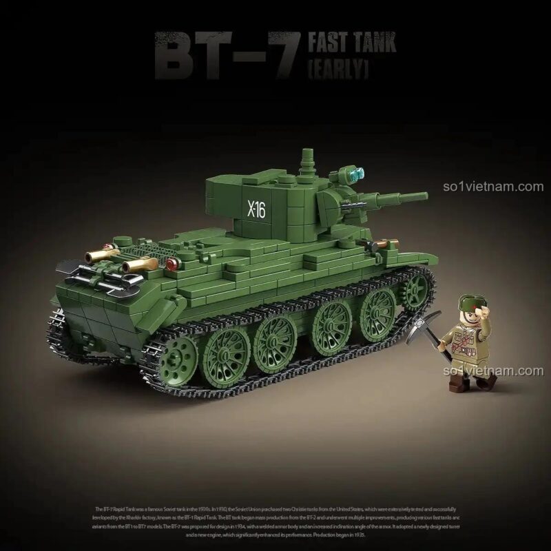 Bộ lắp ghép xe tăng BT-7 (Phiên bản đầu) QUAN GUAN 100290, xe tăng quân sự màu xanh lá, 675 mảnh, 3 minifigures, phù hợp cho bé trai 10 tuổi, giá tốt