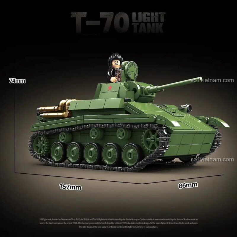 Kích thước mô hình xe tăng hạng nhẹ T-70 QUAN GUAN 100291 157mm x 86mm x 74mm