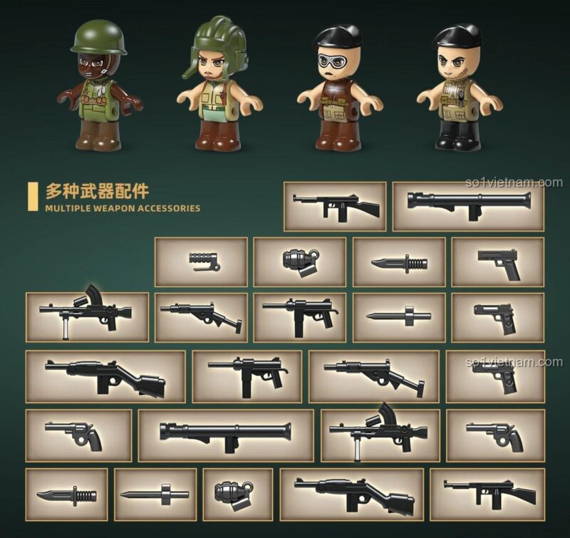 Bốn minifigures và bộ phụ kiện vũ khí đi kèm bộ đồ chơi QUAN GUAN 100294, 879 mảnh, độ tuổi 6+