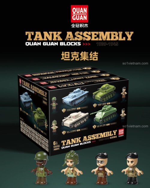 Hộp sản phẩm và các mô hình xe tăng lắp ráp từ bộ đồ chơi QUAN GUAN 100294, 879 mảnh, 4 minifigures, độ tuổi 6+