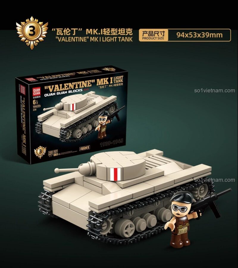 Mô hình xe tăng hạng nhẹ Valentine Mk.I lắp ráp từ bộ đồ chơi QUAN GUAN 100294, 236 mảnh, 1 minifigure, độ tuổi 6+