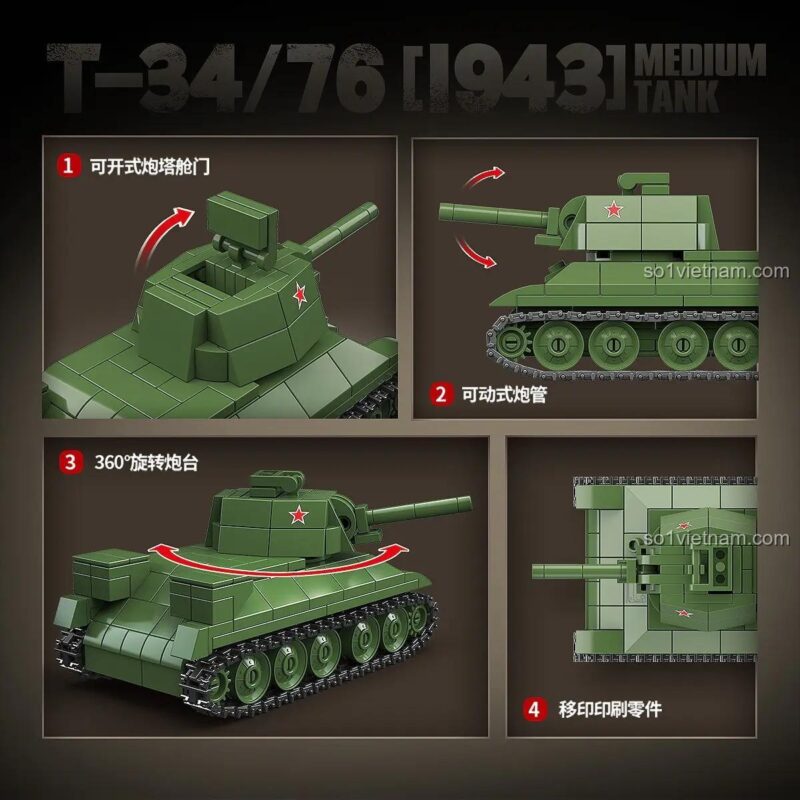 Các tính năng nổi bật của đồ chơi mô hình Xe tăng Thế chiến II T-34/76 100297: tháp pháo xoay, nòng pháo di động, cửa hầm mở được.