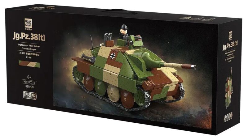 Hộp sản phẩm bộ lắp ráp Pháo tự hành chống tăng Hetzer Quan Guan 100311. Món đồ chơi mô hình xe tăng Đức cho bé trai 6 tuổi, giá rẻ.