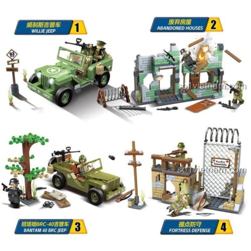 Bộ lắp ghép QUANGUAN 100095 với 4 mẫu lắp ráp riêng biệt: Xe Jeep, Nhà hoang, Pháo đài phòng thủ, giá rẻ cho bé trai 6 tuổi.