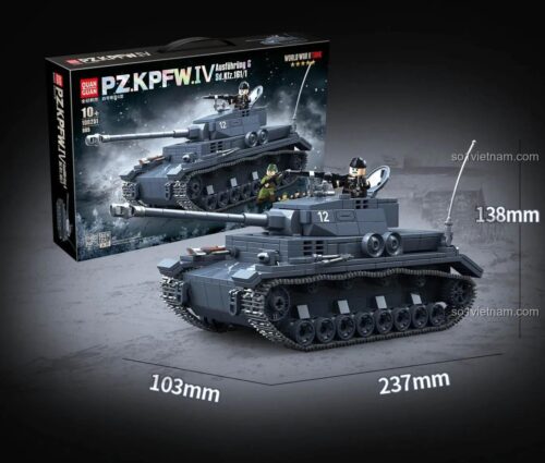 Hộp bộ lắp ghép QUANGUAN 100251 Xe Tăng Panzer IV G, hiển thị kích thước mô hình 23.7x10.3x13.8 cm, 985 mảnh ghép, đồ chơi quân sự cho bé trai 6 tuổi, giá rẻ.