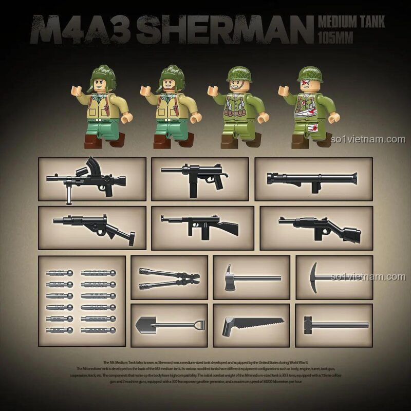 Đồ chơi xây dựng 100277, đồ chơi xây dựng Xe Tăng M4A3 Sherman hiển thị kích thước chi tiết, đồ chơi lắp ráp xe tăng M4A3 cho bé trai 6 tuổi.