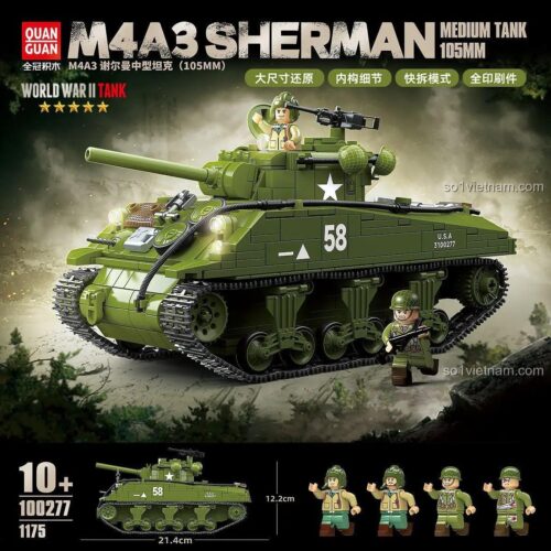 Xe Tăng M4A3 Sherman QUANGUAN, Xe Tăng Chiến Đấu M4A3 với kích thước chi tiết 21.4 x 9.7 x 12.2 cm, đồ chơi xây dựng cho bé trai 6 tuổi, chất lượng cao.