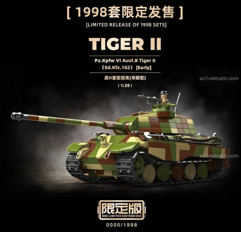 Mô hình xe tăng Tiger II (phiên bản đầu) QUANGUAN 100300 tỉ lệ 1:28, 1582 mảnh, có minifigure