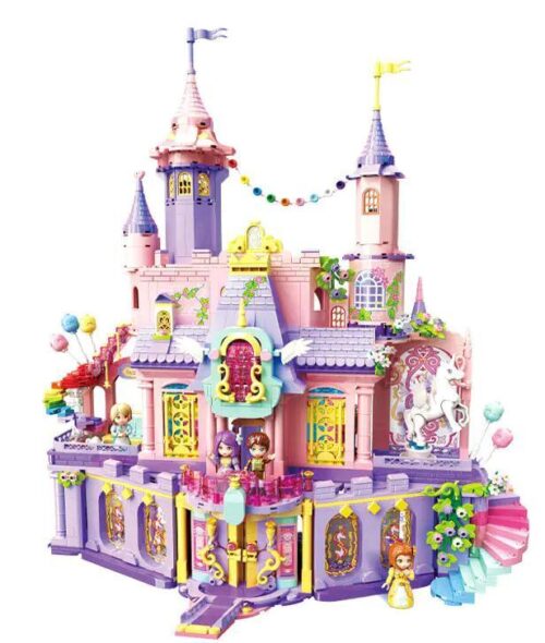 Mô hình Lâu Đài Cổ Tích Ánh Sáng 2116 mảnh ghép, 6 minifigures, xe ngựa và kỳ lân, màu hồng tím trắng, đồ chơi lắp ráp cho bé gái 6 tuổi
