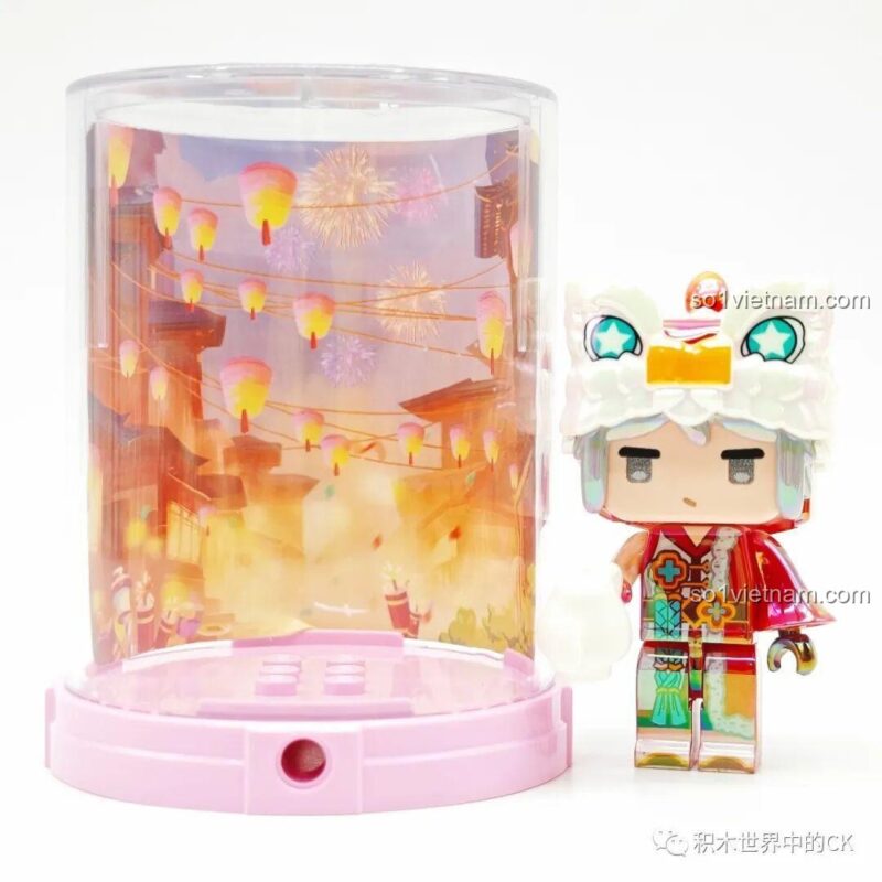 Nhân vật Mini World màu xanh dương với đầu thỏ và hộp trưng bày lễ hội 72036