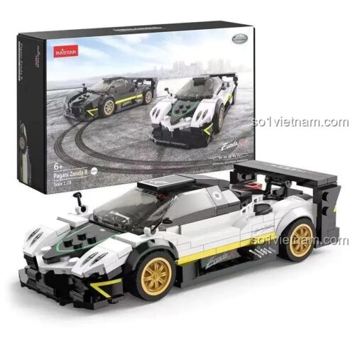 Hộp sản phẩm bộ lắp ghép Siêu xe Pagani Zonda R RASTAR 93900, hiển thị 2 phiên bản màu đen và trắng, tỉ lệ 1:28.