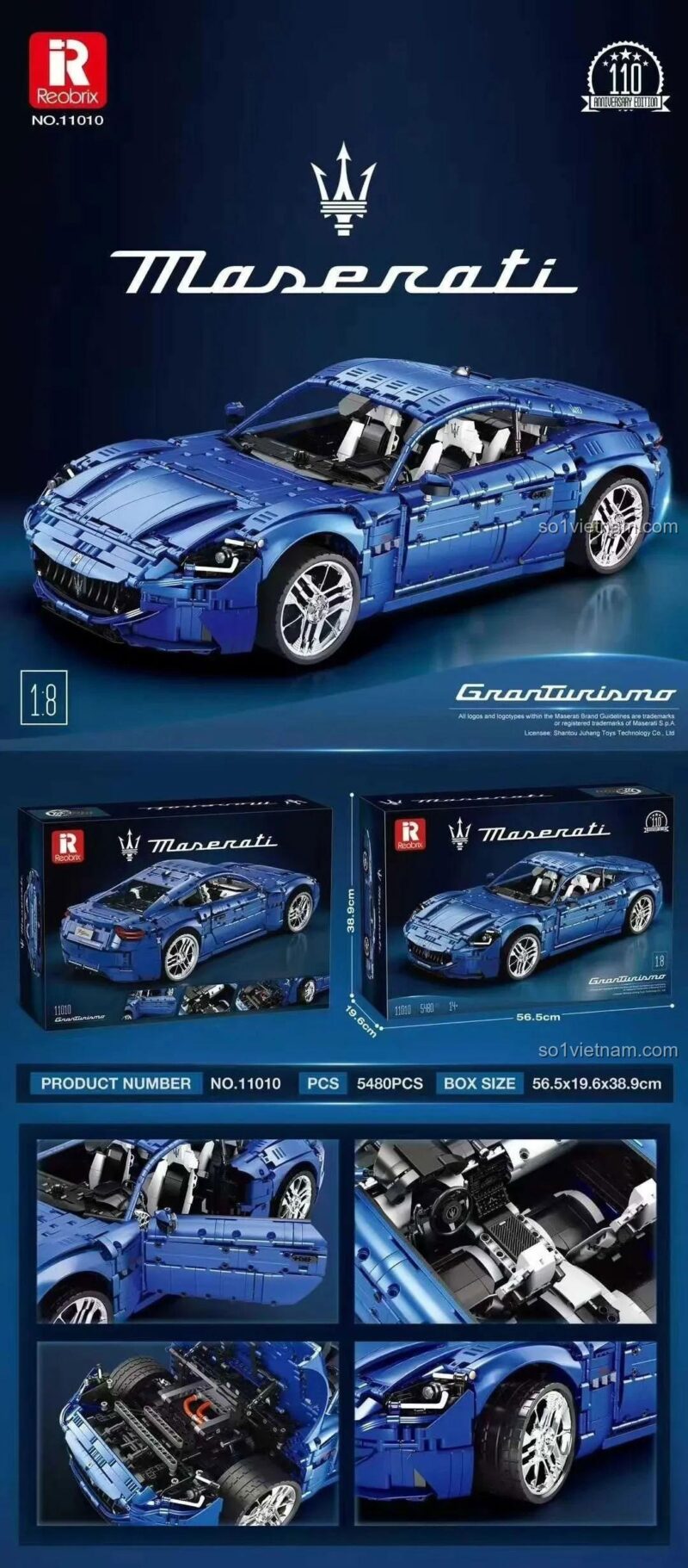Hộp đồ chơi mô hình Reobrix 11010 Maserati GranTurismo hiển thị kích thước, 5480 mảnh, chất lượng tốt, dành cho con trai 14 tuổi.