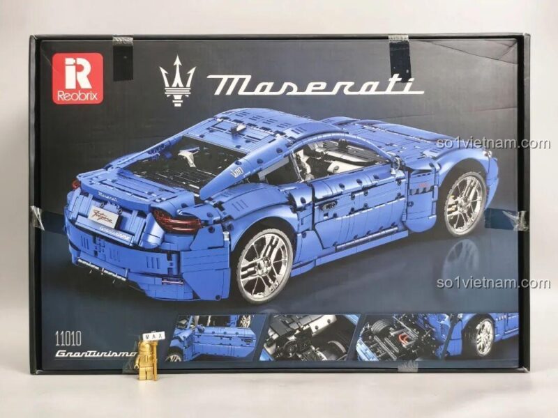Hộp bộ lắp ghép Reobrix 11010 Maserati GranTurismo cùng minifigure, thể hiện kích thước sản phẩm, 5480 chi tiết, giá rẻ.