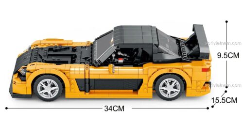Kích thước chi tiết của đồ chơi mô hình Siêu xe Mazda RX-7 11029: dài 34cm, rộng 15.5cm, cao 9.5cm. Một lựa chọn tuyệt vời cho người hâm mộ xe.