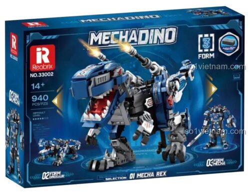 Hộp sản phẩm đồ chơi lắp ráp Reobrix 33002 Mecha Rex, có hình ảnh khủng long máy, robot và khủng long, ghi rõ 14+, 940 chi tiết, 3 kiểu lắp ráp, có động cơ và điều khiển từ xa