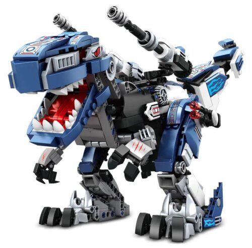 Mô hình khủng long máy Reobrix 33002 Mecha Rex màu xanh dương, xám, trắng, đen, có súng hai bên, độ tuổi 14+, 940 chi tiết, 3 kiểu lắp ráp, có động cơ và điều khiển từ xa