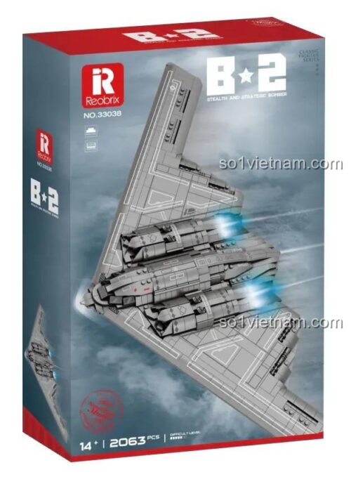 Hộp đựng máy bay ném bom tàng hình B-2 Reobrix 33038, bộ lắp ghép máy bay quân sự cho bé trai 14 tuổi, cánh dài 72cm, 2063 mảnh ghép, đồ chơi giáo dục STEM