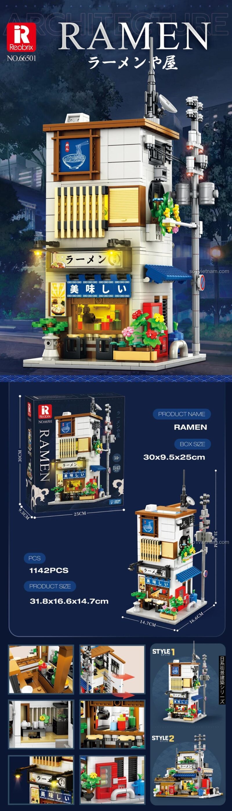 Chi tiết nhà hàng Ramen Nhật Bản Reobrix 66501, bộ lắp ghép kiến trúc Nhật Bản, đồ chơi xây dựng tỉ lệ 1:16, có đèn LED, 1142 mảnh, độ tuổi 14+